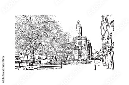 Building view with landmark of Norwich is a city in England. Hand drawn sketch illustration in vector © dhanu3182
