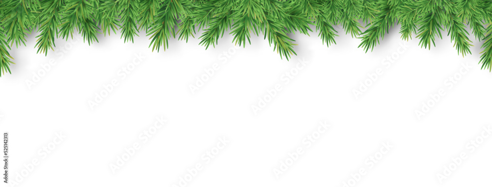 Christmas garland. Holiday border. Branch frame. Green fir long banner. Festive winter decor. New Year luxury decoration. Season greeting ornament. Xmas tree. Winter celebration. Vector illustration