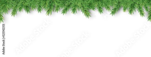 Christmas garland. Holiday border. Branch frame. Green fir long banner. Festive winter decor. New Year luxury decoration. Season greeting ornament. Xmas tree. Winter celebration. Vector illustration
