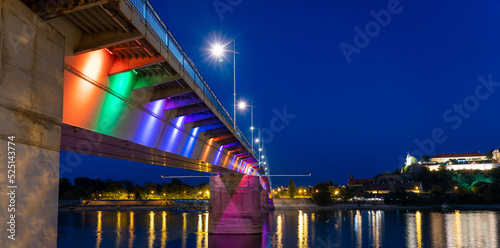 View of Varadinsky bridge at night with colored lights photo