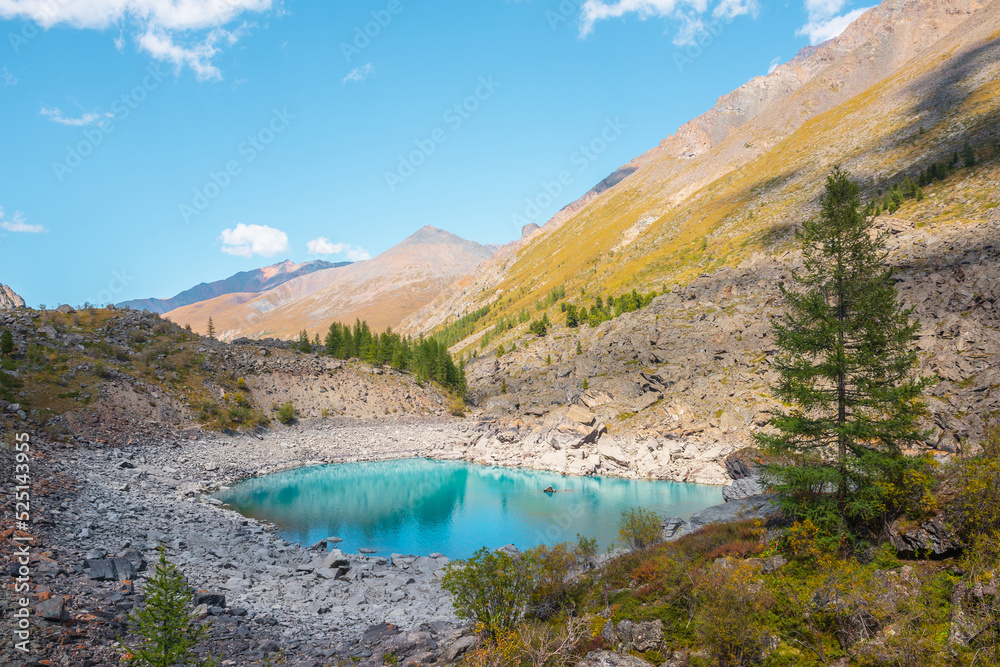 Pure turquoise alpine lake among lush autumn vegetation with view to large mountains in sunlight. Beautiful glacial lake against sunlit pyramid shaped mountain. Vivid autumn colors in high mountains.