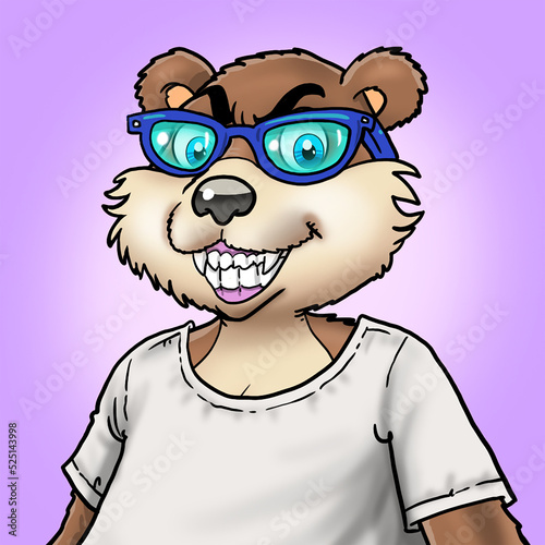 smiling bear mascot with t-shirt and glasses