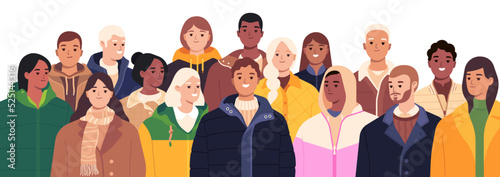 Group of friendly people. Diverse people standing together. Young men and women characters. Vector illustration