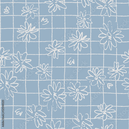 Seamless pattern with hand drawn meadow flowers in Ditzy style. Outlined illustrations on dark background for surface design and other design projects photo