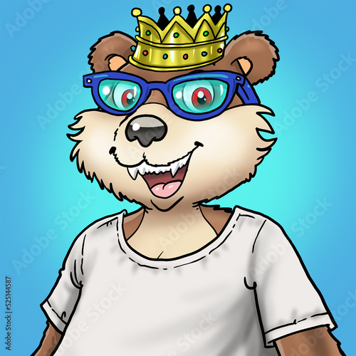 smiling bear mascot with crown, t-shirt and glasses