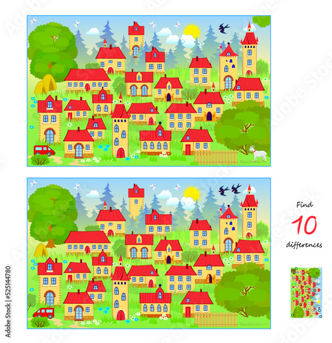 Find 10 differences. Illustration of village landscape. Logic puzzle game for children and adults. Page for kids brain teaser book. Developing counting skills. Vector drawing.