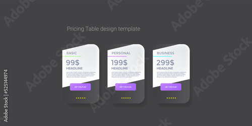 Price table concept vector design template. Pricing or subscription plan ui web elements. Website marketing and promotion landing page template. Product card UI vector illustration
