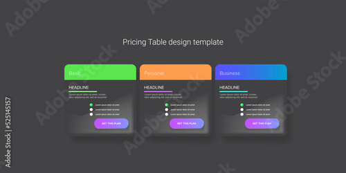 Price table concept vector design template. Pricing or subscription plan ui web elements. Website marketing and promotion landing page template. Product card UI vector illustration