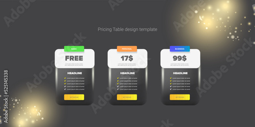 Price table concept vector design template. Pricing or subscription plan ui web elements. Website marketing and promotion landing page template. Product card UI vector illustration