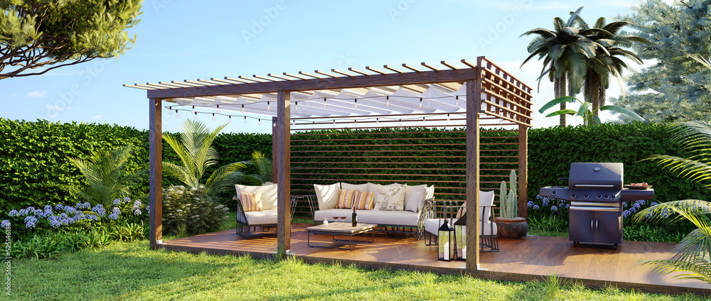 3D panoramic render of a luxury wooden teak deck with gas grill and ...