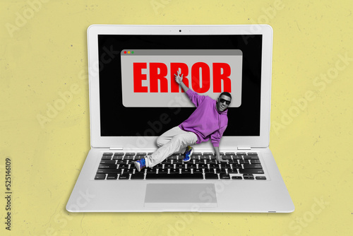 Collage photo of surrealistic fix computer laptop message error dancing guy bug professional worker isolated on painted background