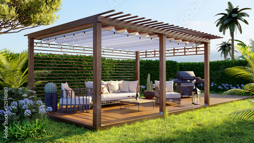 Fotografiet 3D illustration of teak wooden outdoor pergola in garden