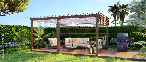 Foto 3D panoramic render of a luxury wooden teak deck with gas grill and furniture
