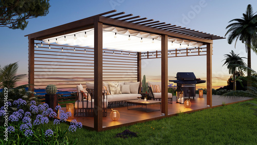 Photographie 3D render side view of Teak wooden deck at twilight