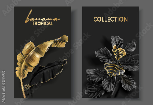 Vector cards with gold tropical leaves