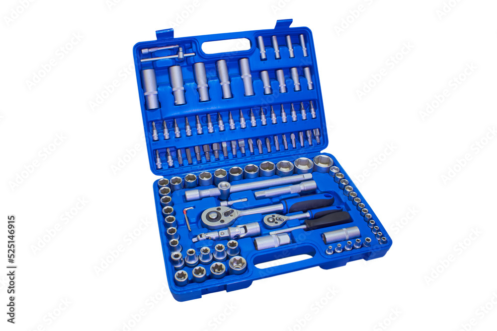 Socket wrench toolbox isolated,a set of tools for car repair and maintenance on a white background Socket wrench toolbox isolated,a set of tools for car repair and maintenance on a white background