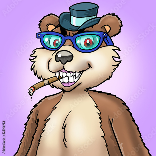 smiling bear mascot with cigar, glasses and hat