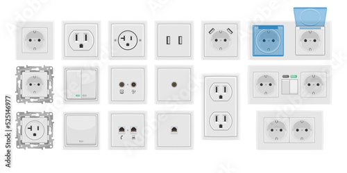 Large set of wall-mounted electrical socket and switches. Power Electrical Socket Various modern round switches vector realistic collection.