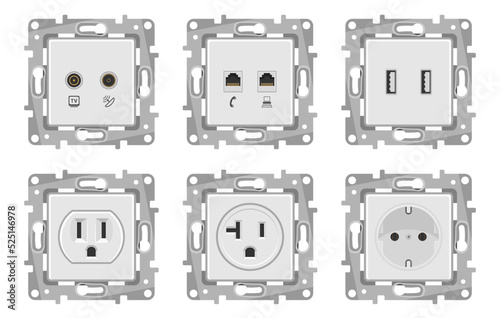 Set of European and American electrical outlets without frames, concealed installation, with connectors for connecting the Internet, television,USB.
Isolated, realistic illustration.