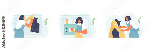 Young woman seamstress working at a sewing machine, clothing designer, technologist, pattern making. Vector illustration set