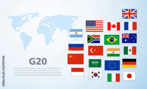 G20 world map countries infographic. Saudi Arabia Turkey Brazil european G20 country flag.