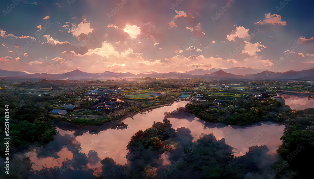 Japanese lanscape. Bird view, drone view. River with mountains in the distance. Agricultural landscape. Digital painting. Colorful sky, dusk. Traditional oriental countryside. Beautiful scenery.