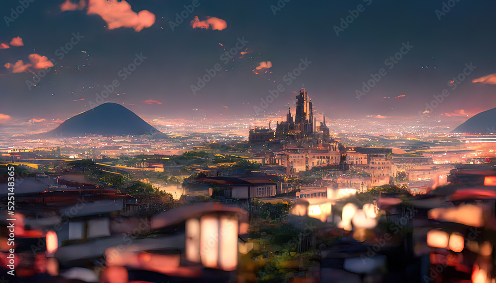 Obraz premium City at night anime drawing, cartoon style. Digital art. Digital painting. European city.