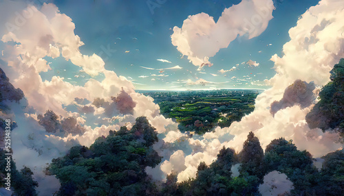 Clouds drawing, digital painting. Landscape view, bird view, aerial view, anime, cartoon, manga style. Colorful © Fortis Design