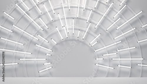 Abstract clean white podium room with glowing neon lamps in a circle from the center. Minimal background scene for product display. 3D render stage for showcase.