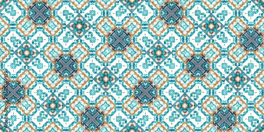 Teal beach house border in coastal style patchwork pattern. Modern nantucket summer printed edging time fabric. Banner ribbon in seamless repeat.