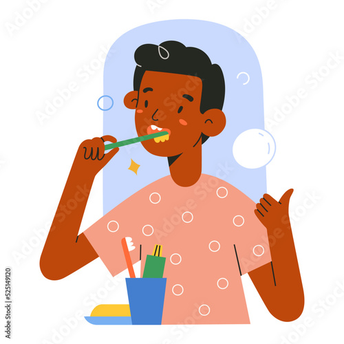 Cute african-american child cleans his teeth, stands in the bathroomin front of mirror, brushes teeth with toothbrush, shows thumbs up gesture, children hygiene routine, vector cartoon illustration