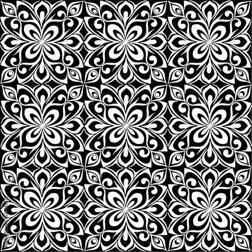 seamless graphic pattern, floral white ornament tile on black background, texture, design