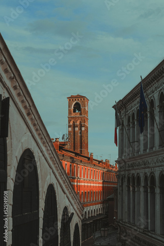 View at bell tower of Church of San Giovanni Elemosinario near the Rialto Bridge in Venice, Italy photo