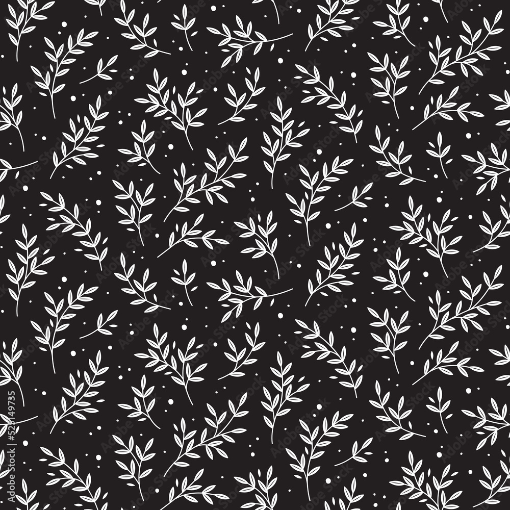 Hand drawn seamless pattern with branches silhouettes in graphic style isolated vector illustration