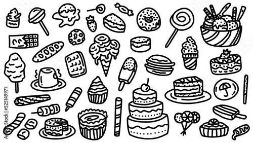 bakery and sweet food icon set with doodle hand drawn outline art style vector collection