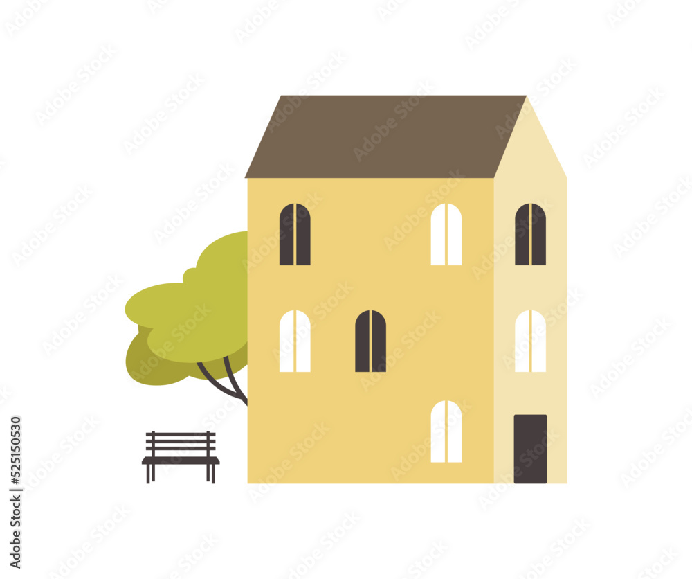 Exterior cozy residential building. Facade urban architecture. House and bench on white background. Simple illustration in style minimalism. Flat vector isolated on white background.
