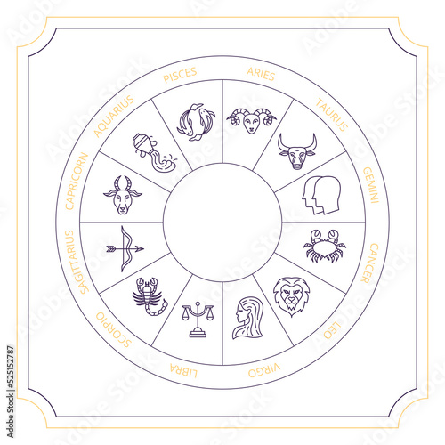 Black Yellow Zodiac Circle. Vector Thin Outline Symbols.