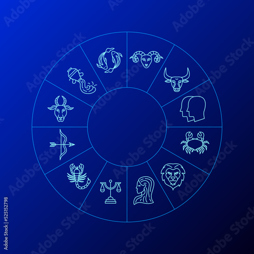Blue Line Zodiac Circle. Vector Thin Outline Symbols.
