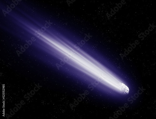 Tail of a large comet glows against the background of stars in outer space. Bright comet in the solar system flies near the Earth. 