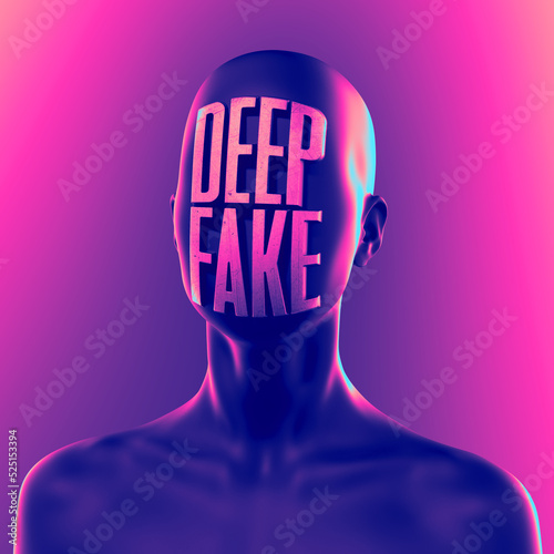 Abstract concept sculpture illustration from 3D rendering of black mat metal reflecting figure with DEEPFAKE relief word anonymous face and isolated on background in vaporwave style colors. photo