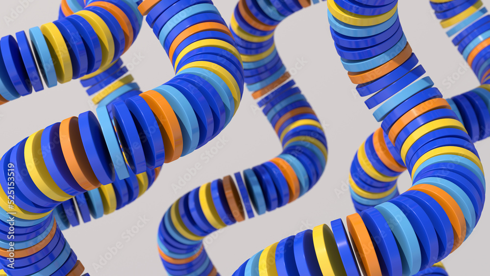 Bright spirals, colorful circle shapes. Abstract illustration, 3d render.