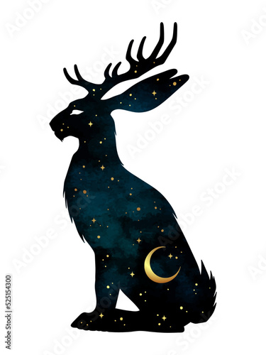 Silhouette of Jackalope hare with horns folklore magic animal with night sky with crescent moon gothic tattoo design isolated vector illustration