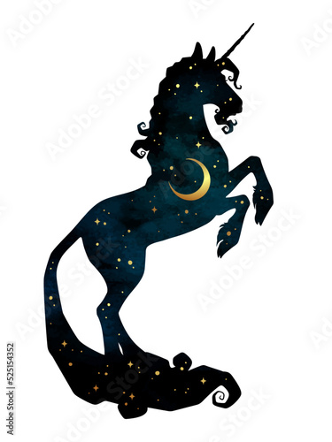 Silhouette of unicorn with crescent moon and stars isolated. Sticker, print or tattoo art double exposure design vector illustration