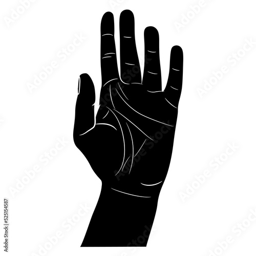 raised up human hand. Open palm. Stop gesture. Black and white silhouette.