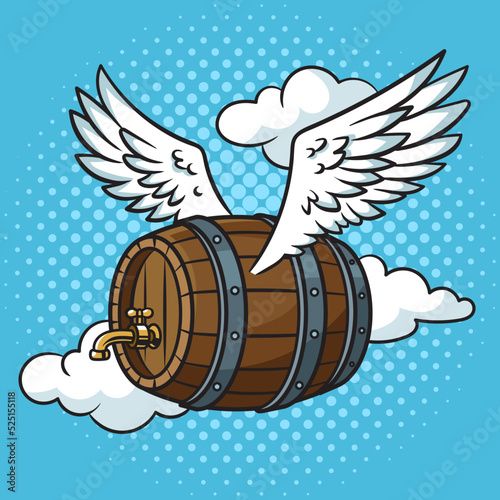 flying beer wooden barrel with wings pop art retro vector illustration. Comic book style imitation.