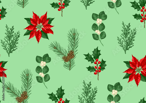 Seamless pattern with winter plants. Merry Christmas and Happy New Year decoration.