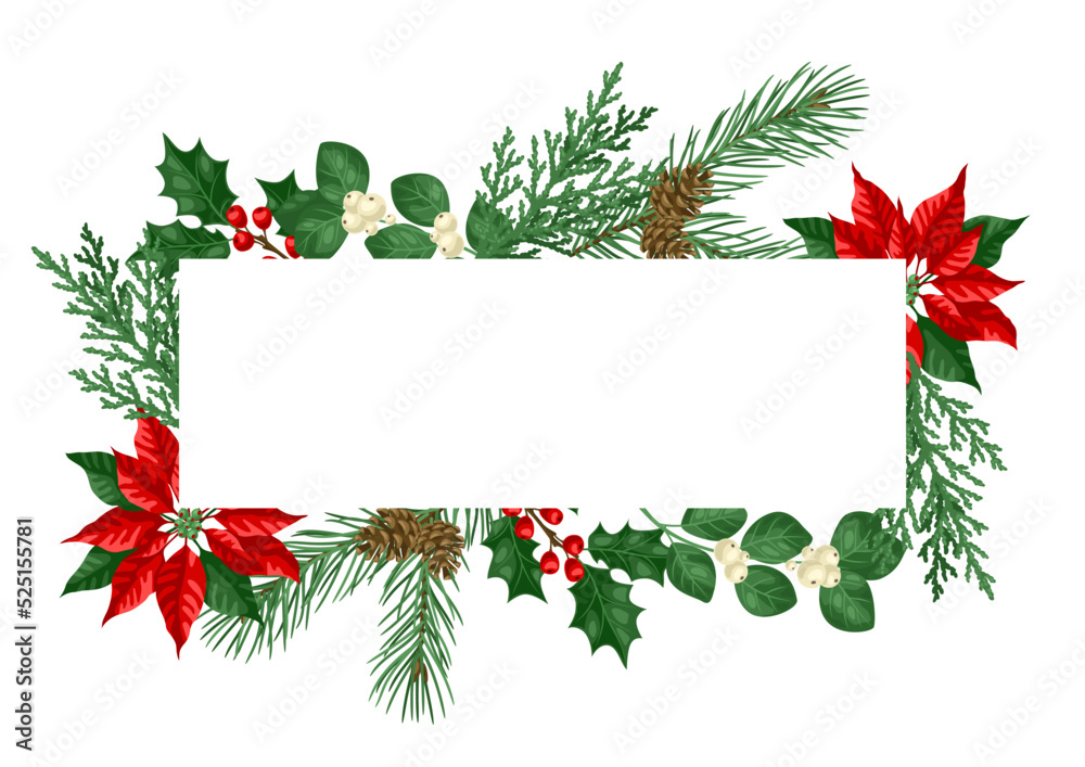 Card with winter plants. Merry Christmas and Happy New Year decoration.