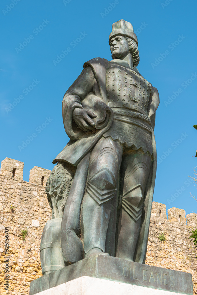 Statue of Gil Eanes next to the wall of the castle of Lagos, Algarve, Portugal.