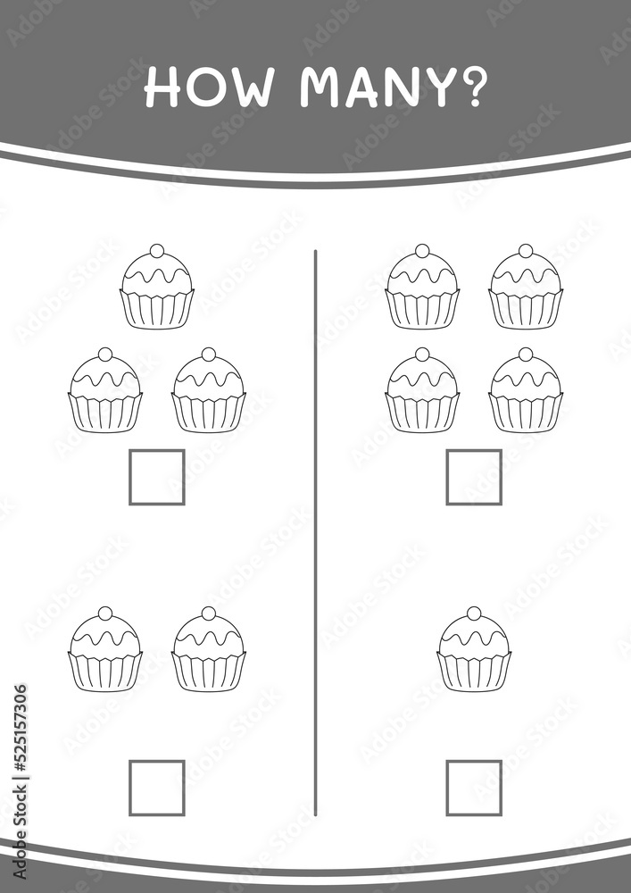 How many of Cupcake, game for children. Vector illustration, printable worksheet