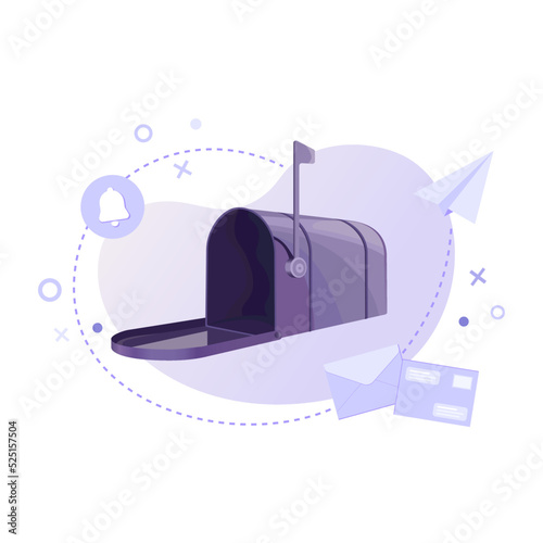 Purple mailbox with letter envelope, paper plane and notification icon on abstract gradient background. Email service, spam, correspondence, mail delivery, and newsletter concept. 